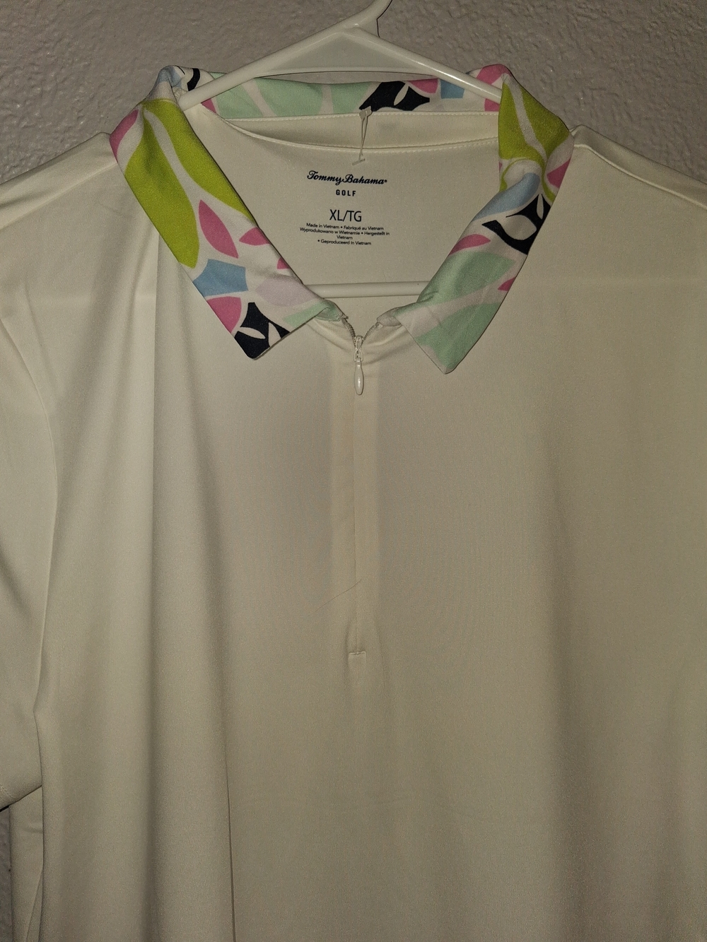 Tommy Bahama Golf Cream Polo with Pastel Patterned Collar XL - Picture 2 of 6